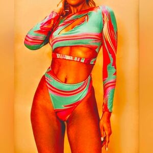 🏈 PrettyLittleThing EUC Asymmetrical Cut Out Marble Bodysuit 6 pink green